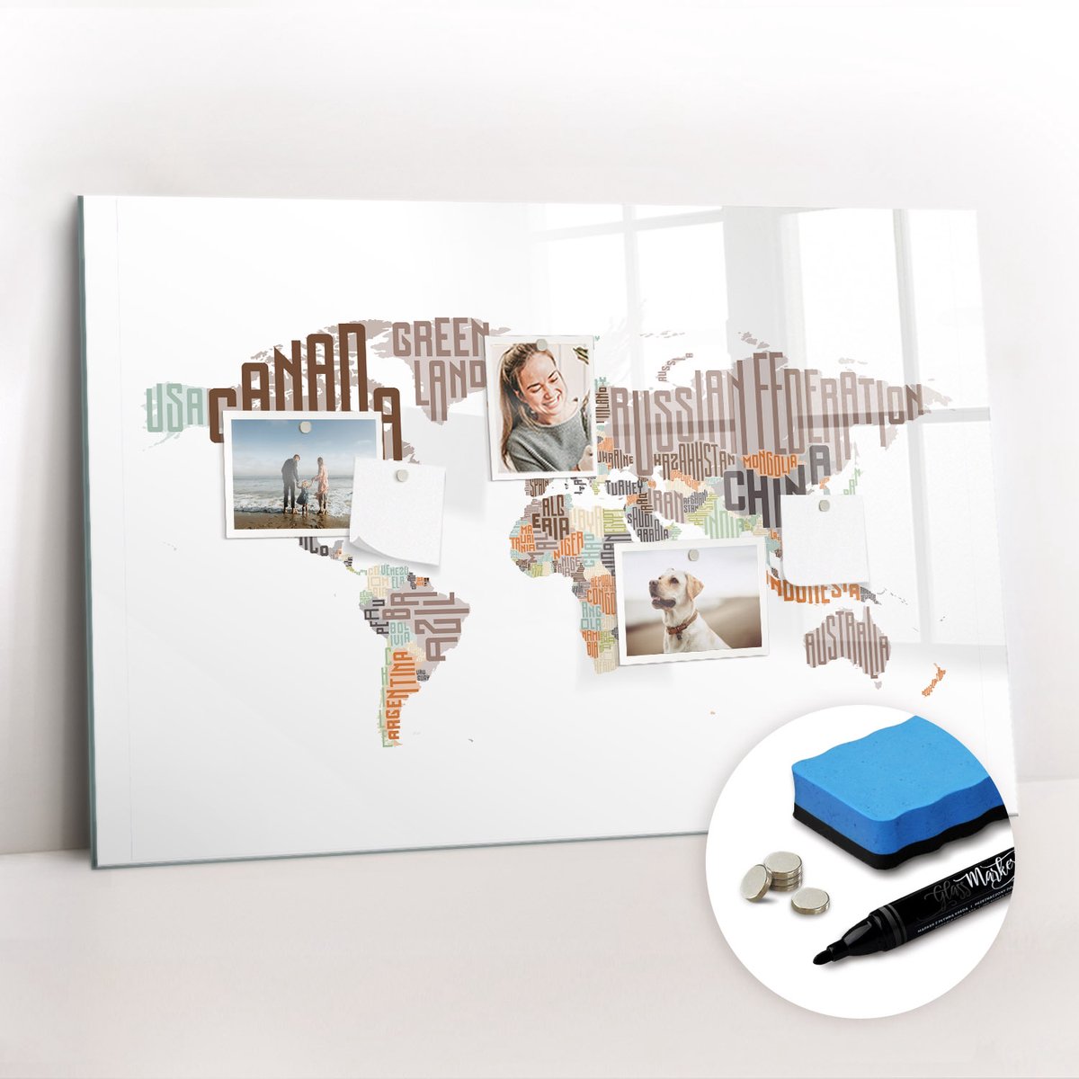 Tulup Whitebord - Kaart gekleurde letters - 90 x 60 cm - Bruin Magnet Board - Gratis 5 Sterke Magneten + Whiteboard Marker & Wisser - Organizer Muur - Magneetbord Muur - Notitiebord Werkplek
