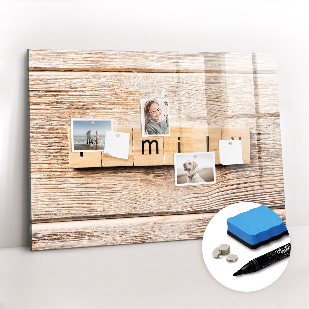 Tulup Whitebord - Het opschrift 'familiewoonkamer' - 100 x 70 cm - Bruin Foto Magneetbord - Gratis 5 Sterke Magneten + Whiteboard Marker & Wisser - Design Memobord - Magnet Board - Productiviteit Tools