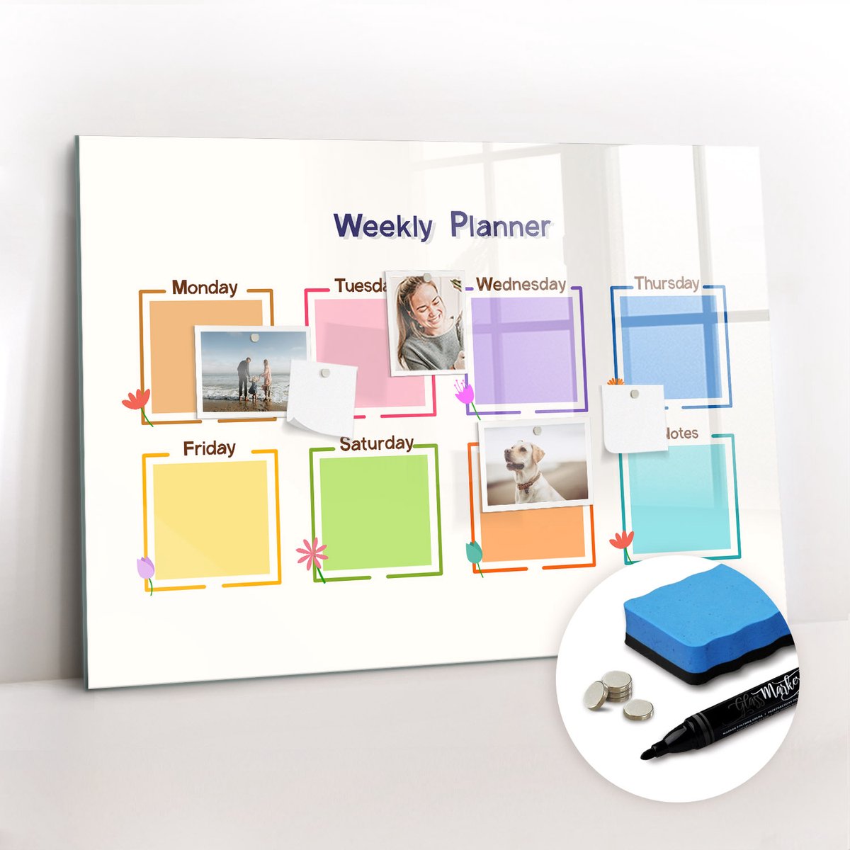 Tulup Whitebord - Weekplanner - 100 x 70 cm - Veelkleurig Magneetbord Keuken - Gratis 5 Sterke Magneten + Whiteboard Marker & Wisser - Minimalistisch Prikbord - Magneetbord Design - Notitiebord Werkplek