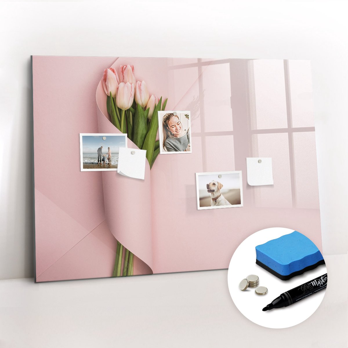 Tulup Whitebord - Een boeket bloemen - 100 x 70 cm - Roze Magneetbord Foto - Gratis 5 Sterke Magneten + Whiteboard Marker & Wisser - Moderne Wanddecoratie - Magnetisch Bord Kind - Notitiebord Werkplek
