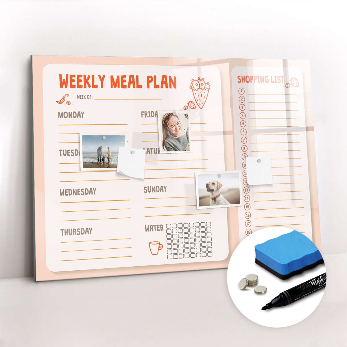 Tulup Whitebord - Retro maaltijdplanner - 100 x 70 cm - Veelkleurig Memo Magneetbord - Gratis 5 Sterke Magneten + Whiteboard Marker & Wisser - Minimalistisch Prikbord - Magneetbord Design - Notitiebord Werkplek