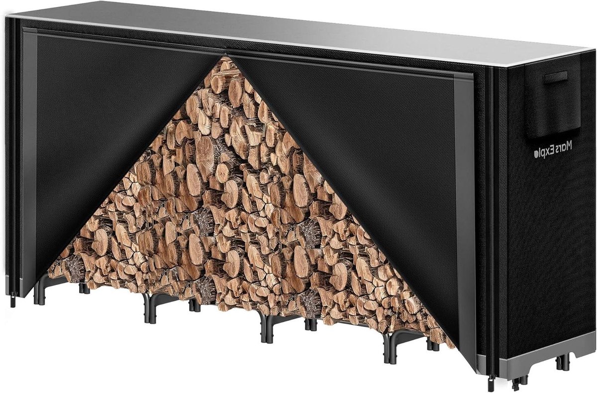 Houtrek met Hoes - Brandhout Opslag - Buitenhaard Gebruik - Heavy Duty Staal - 2.4 Meter - Zwart