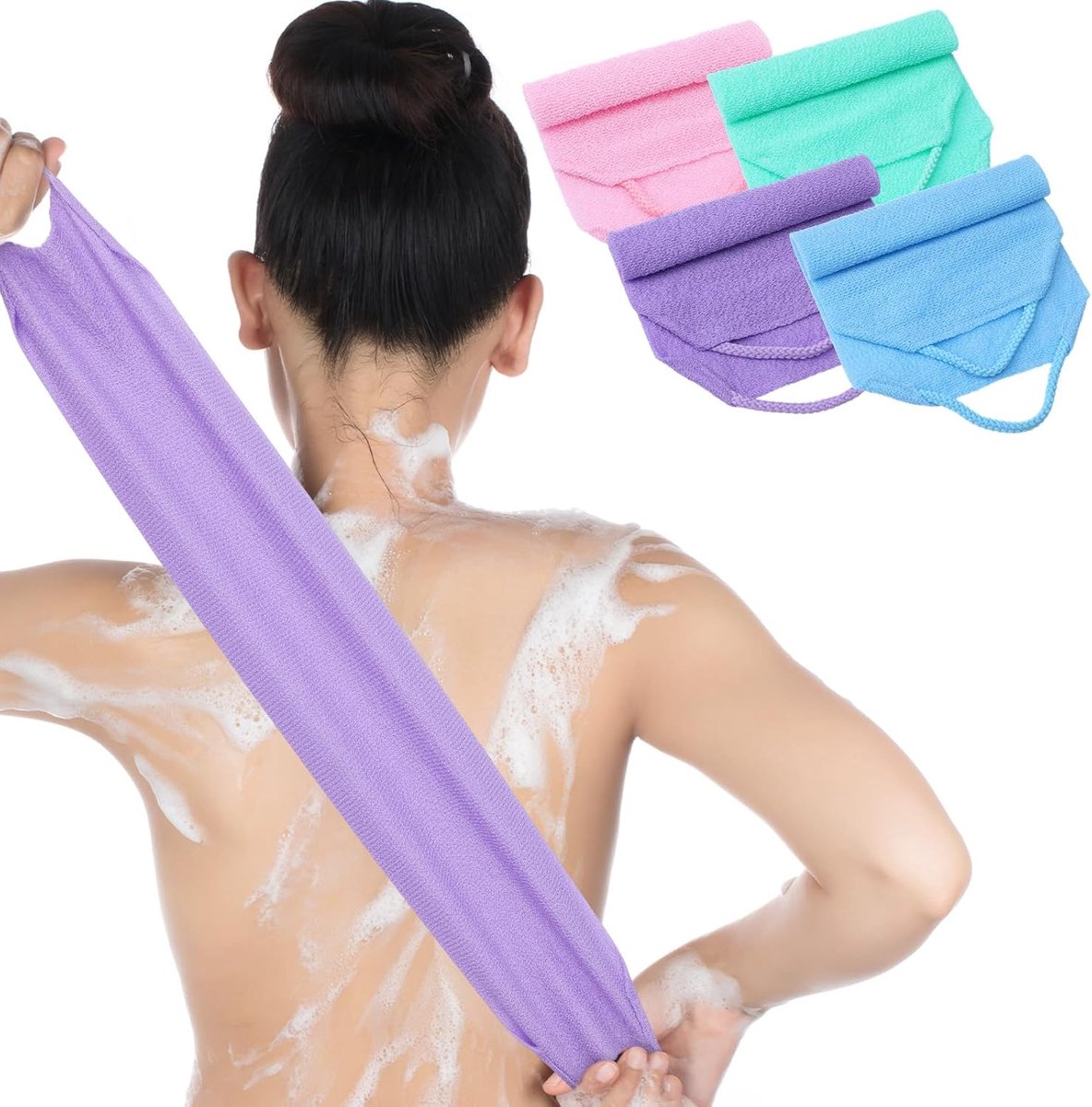 4 stuks Peeling rugschrubber met handgrepen, dubbelzijdige rugborstel voor lichaamspeeling voor douche, rugpeeling, washanddoek, lichaamsborstel, rugwashulp om dode huidcellen te verwijderen