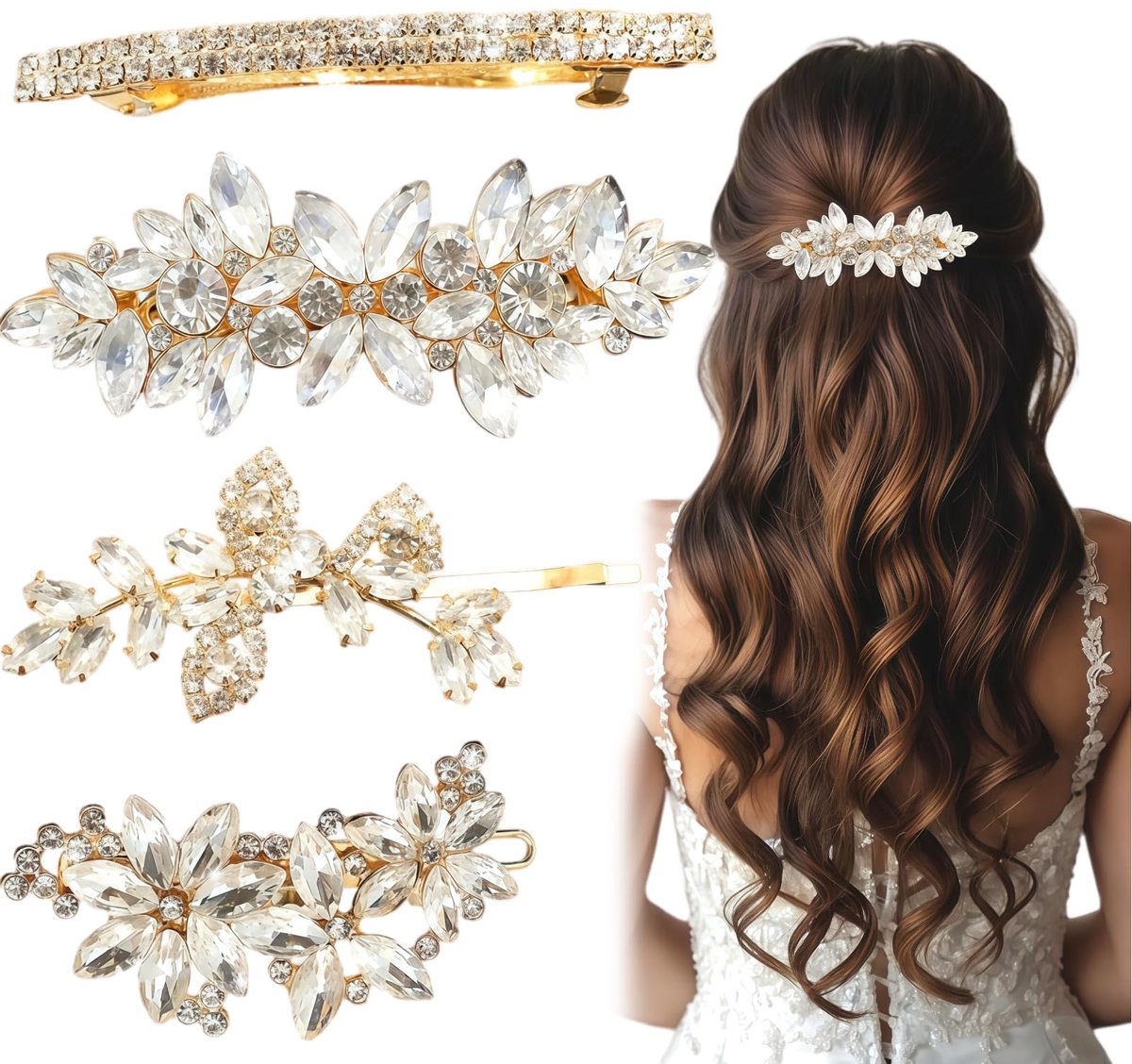 Haarspelden, 4 Stuks Strass Haaraccessoires voor Dames, Bruidssieraden voor Bruiloft en Feest, Elegante Haaraccessoires voor Bruid en Communie