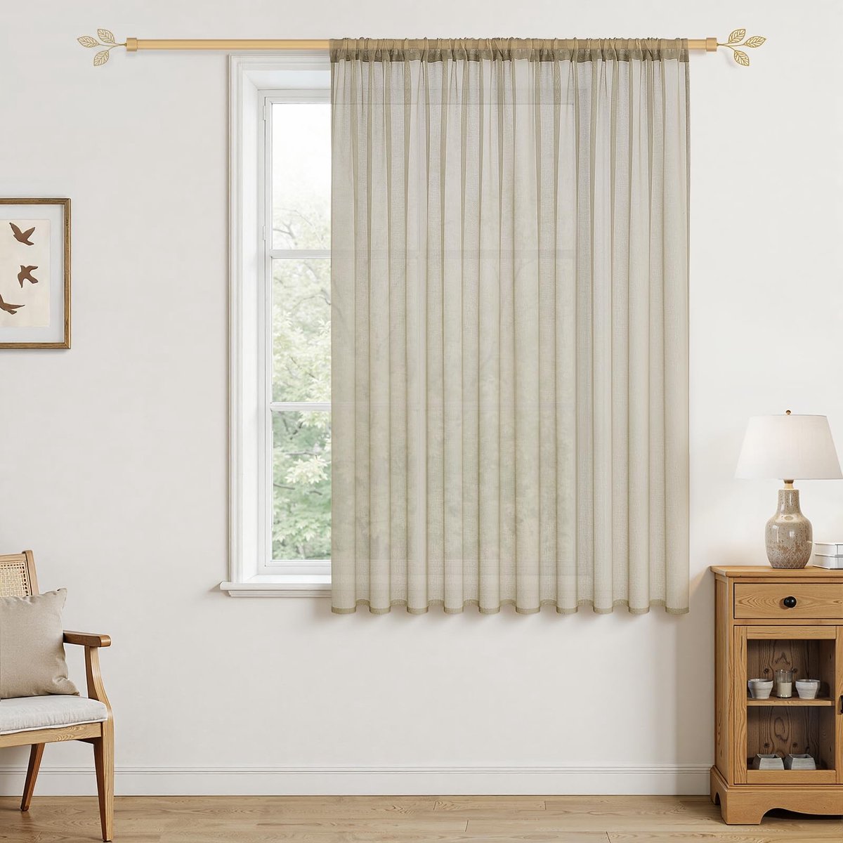 MRTREES Gordijnen met store gordijn voile halftransparant kort in linnenlook gordijn sjaals beige crème 100×200cm (H×B) voor woonkamer slaapkamer kinderkamer set van 1