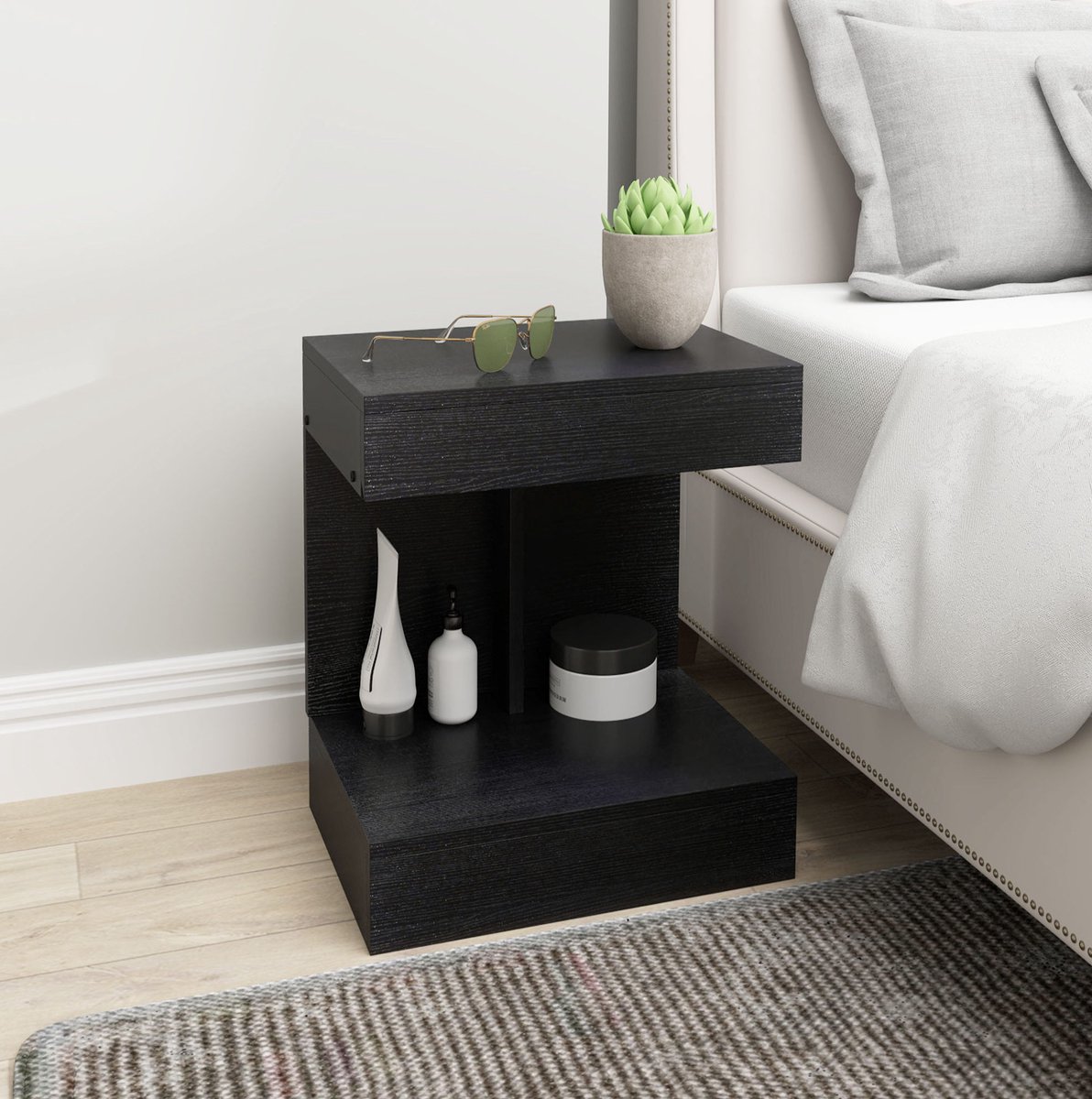MEUNIQ Bedtafel / nachtkastje met lade en open vak, 40 x 30 x 46 cm, zwart, modern voor slaapkamer of woonkamer
