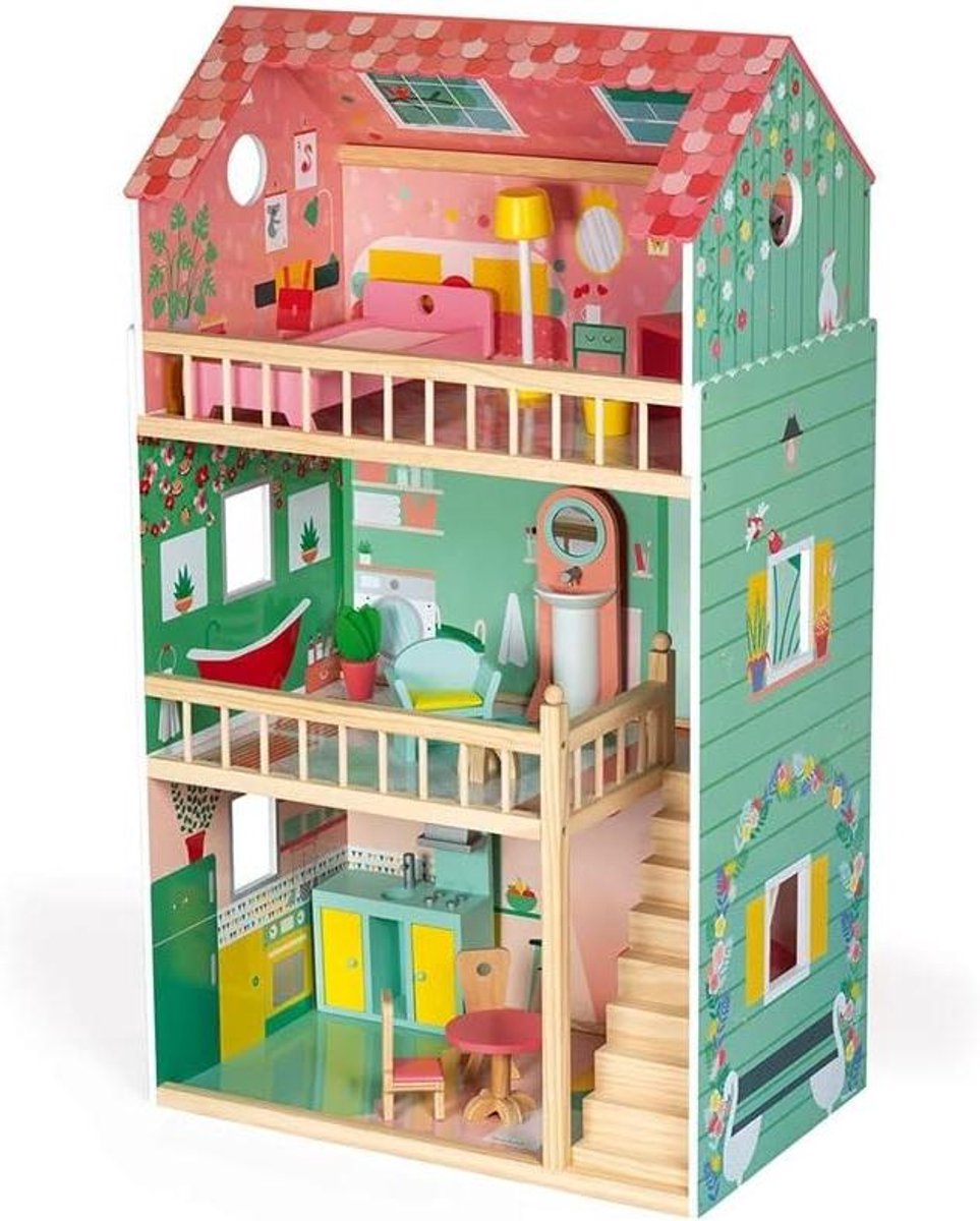 Houten Poppenhuis - Speelhuis Poppen - Kinderspel - Drie Etages - Tot 30 cm poppen - Roze Groen