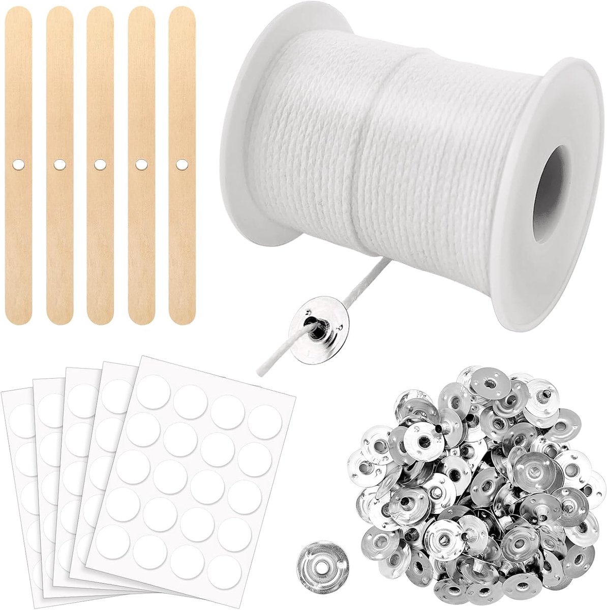 Lonten voor kaarsen, katoenen lonten voor kaarsen met 100 metalen basis en stickers, kaarsenlont set voor doe-het-zelf communiekaarsen, geurkaarsen en