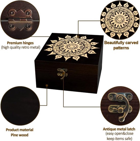arricraft 1 stuks souvenirbox van hout, decoratieve opbergdoos met geometrische zonnepatronen, sieradenorganizer, gegraveerde houten herinneringsdoos met deksel voor het bewaren van herinneringen — afbeelding 2