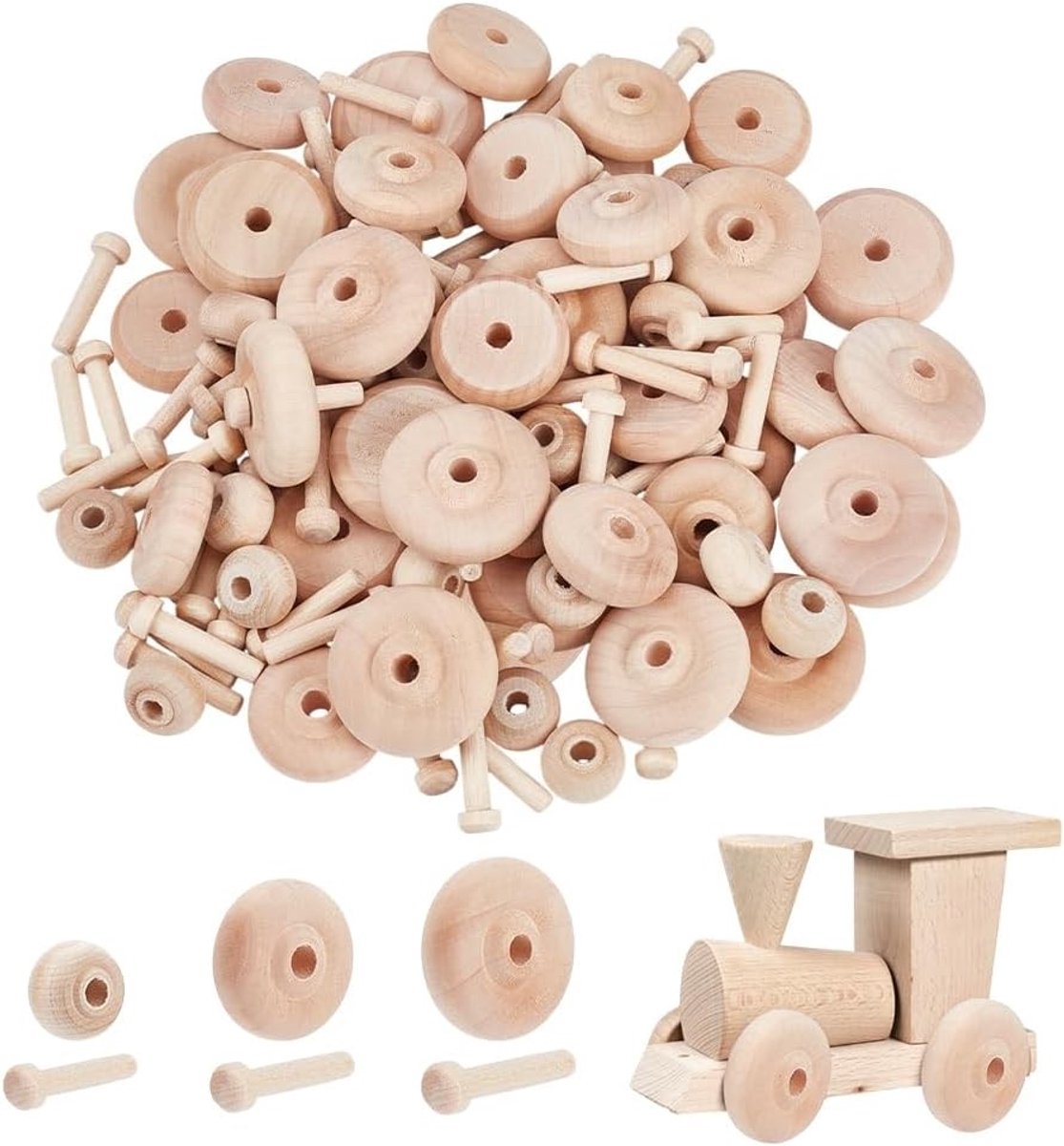Set van 60 Houten Wielen voor Creatieve Projecten, Onbehandeld, Mini Wielen met As voor Knutselen, Schilderen en Houtbewerking