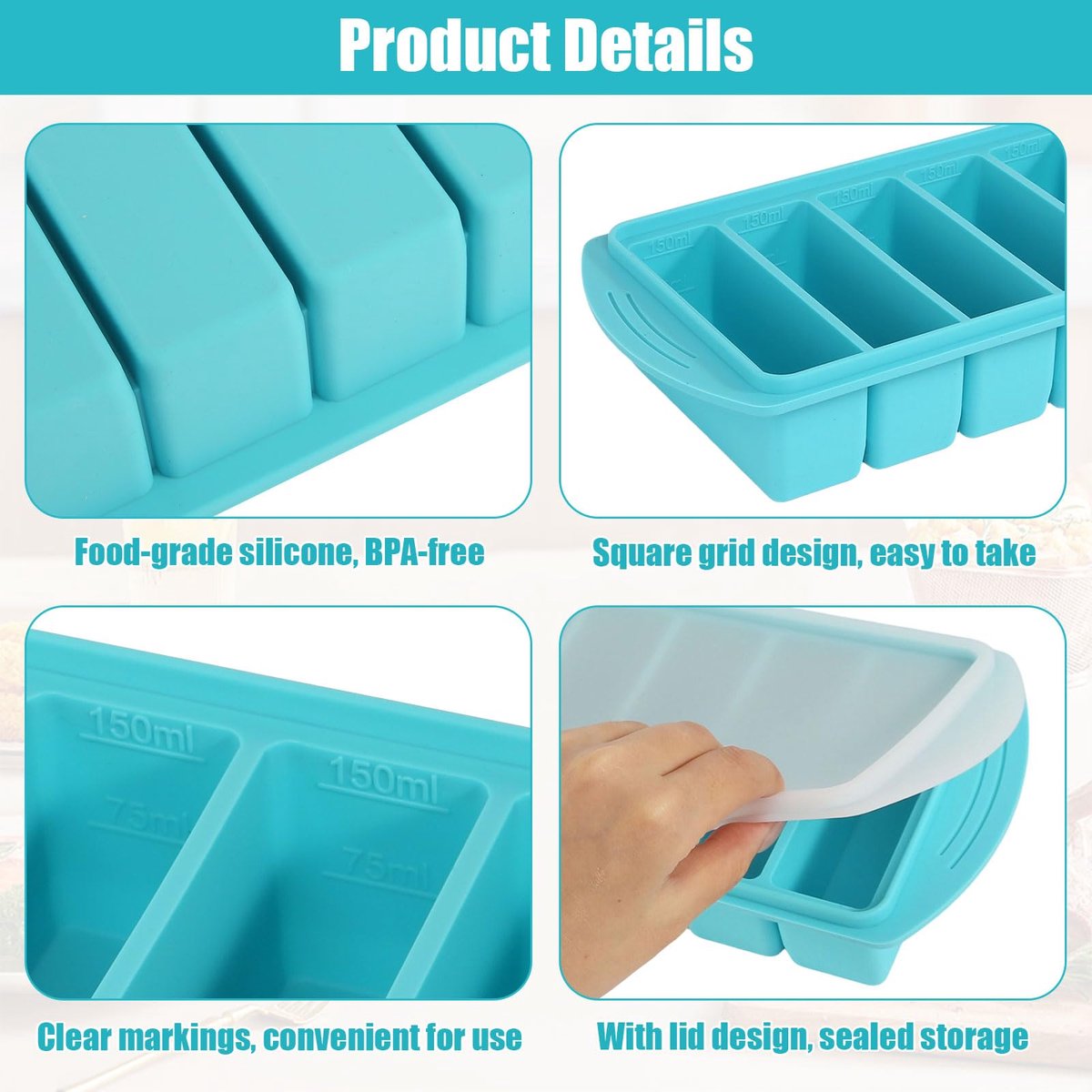 2 stuks diepvriescontainers, 150 ml, 250 ml, siliconen vriesvorm met deksel, BPA-vrije siliconen vriesbak, siliconen vorm invriezen voor soep, bouillon, saus, meal prep (blauw 4 en 6 roosters)