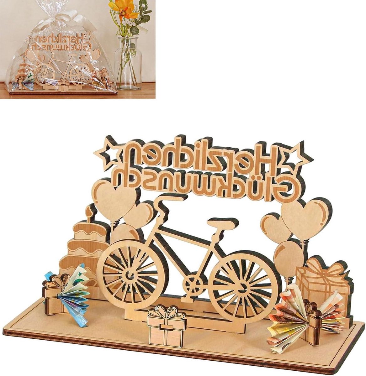 Geldcadeau Fiets - Houten Spaarpot - Cadeau Verrassen - Uniek Doe-het-zelf - 25 x 11 x 14 cm - Houtkleur