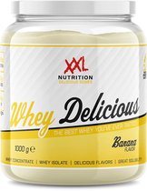 Pot XXL Nutrition Whey Delicious Banaan 1000g met gele en witte labels.