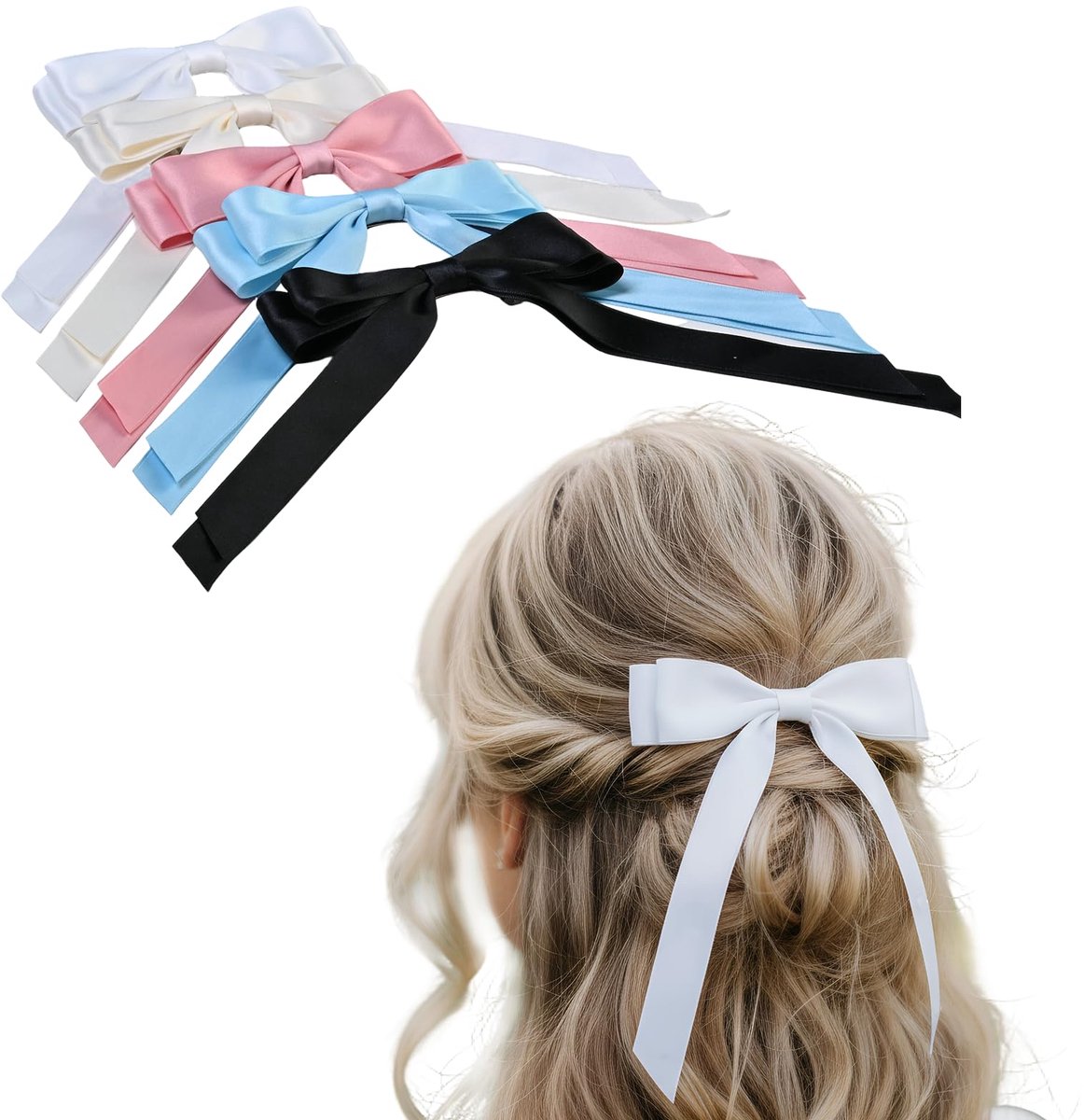 5 stuks haarspelden met eendensnavel, oversized strik, eenvoudig te bevestigen, lost niet af, heldere kleur, elegante haarspeld voor dames, glanzend, zwart, wit, roze, blauw, vuilwit