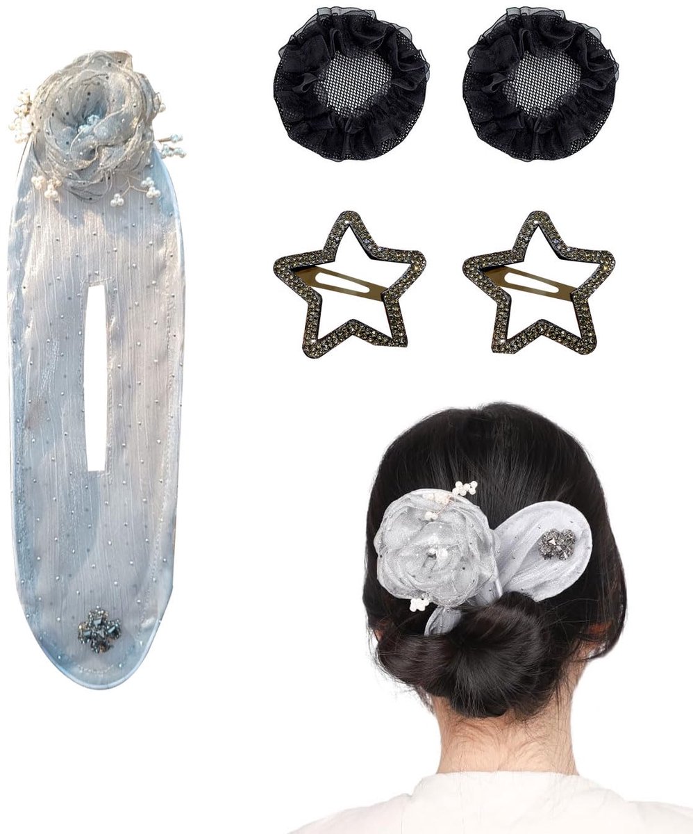 5 stuks haarspelden voor knot - Bloemenknot roller, snelle en eenvoudige luie krulspelden, haaraccessoires voor vrouwen en meisjes (met 2 haarnetten)