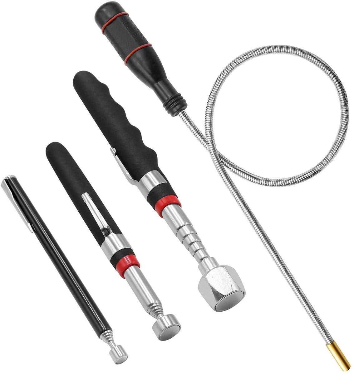 Magnetische Telescoopstang - Ophaal Gereedschap - Kleine Onderdelen Vinden - Flexibel Uitschuifbaar - 4 Delig Set - Zilver