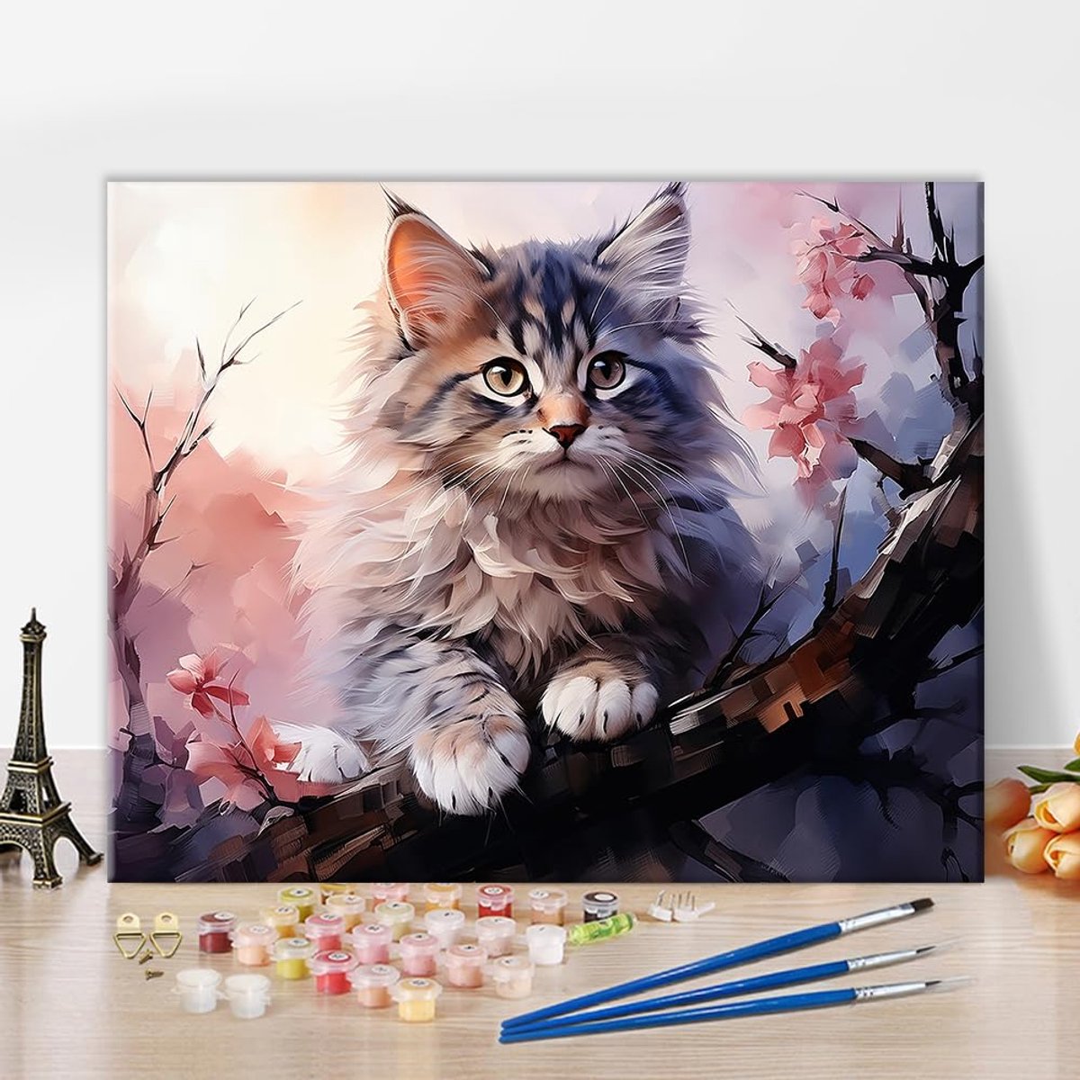 Schattige kat schilderen op olieverf met kwast en acrylpigment boom schilderen kits op canvas kunsthandwerk 40 cm x 20 (frameloos)