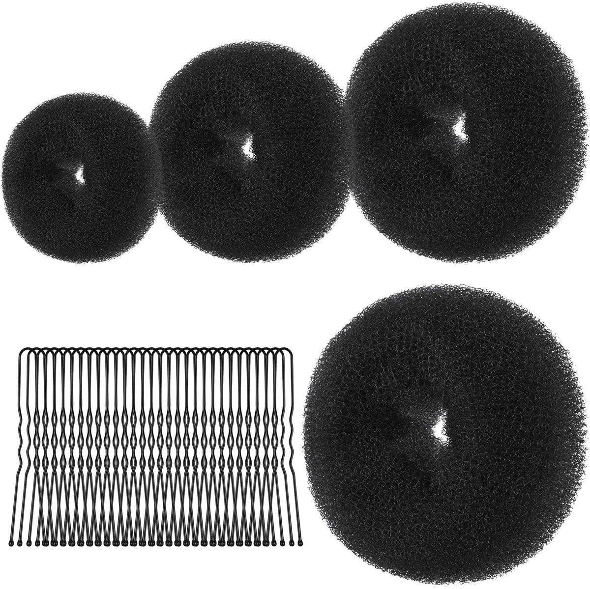 Donuts voor knots, 4 knotjes voor eenvoudig haar en 30 U-vormige clips, haarknotjes voor meisjes en vrouwen, Magic Hair Bun Maker voor knotkapsels, 6 + 8 + 10 + 12 cm (zwart)