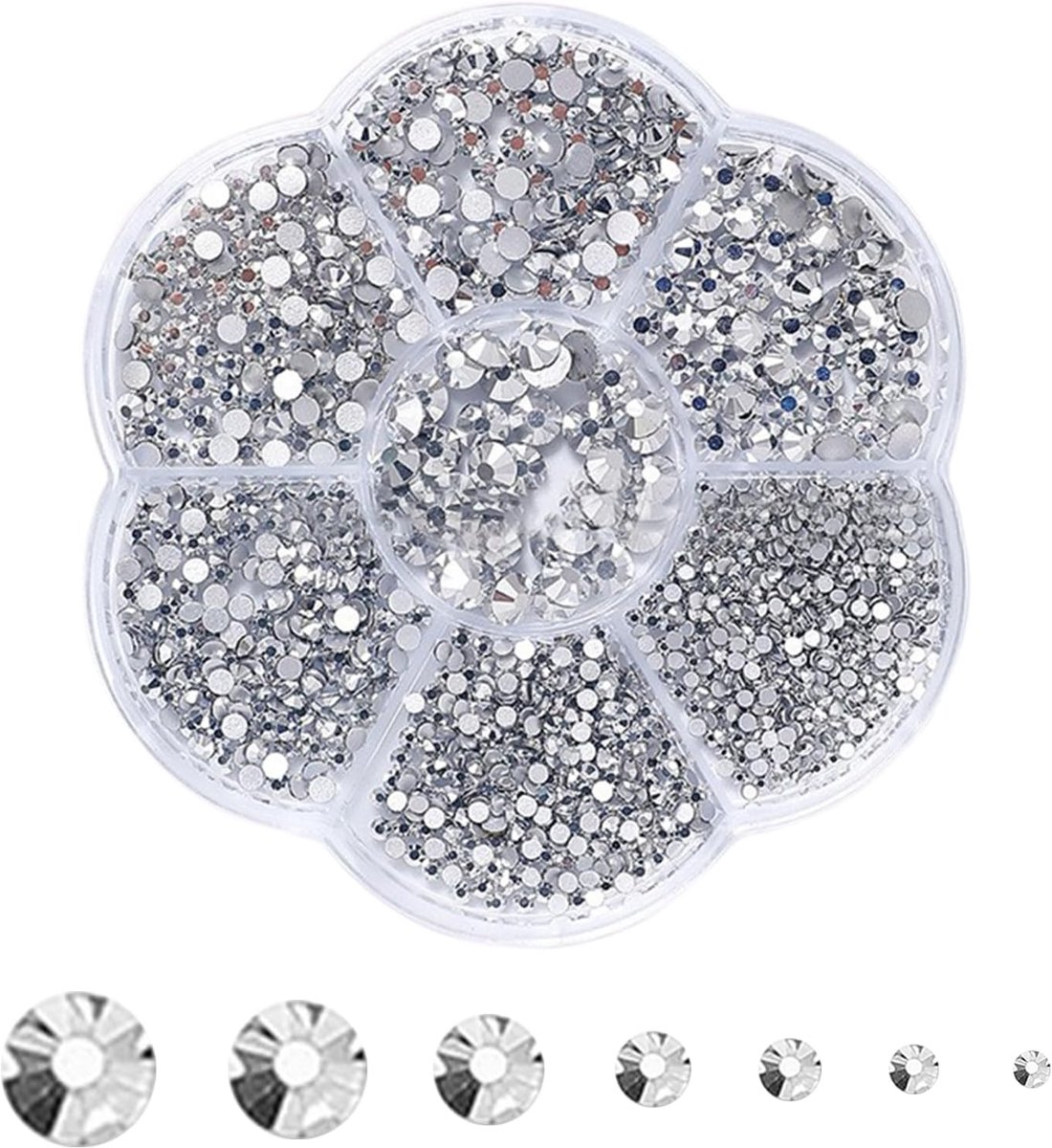 Set van 7 platte strass-steentjes in bloemendoos, 3500 kristallen strass-steentjes voor doe-het-zelf nageldesign, sieraden knutselen, mode en textiel, 7 maten, SS4-SS20, zilver