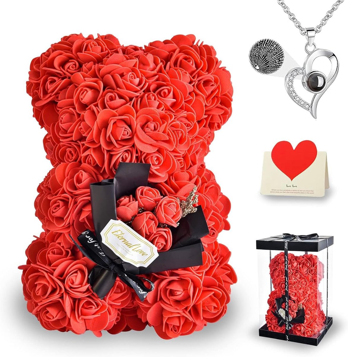 kerstbloemencadeaus voor vrouwen met ketting, schattige teddybeer voor haar vrouw, vriendin, moeder, zus, vrienden, verjaardagscadeaus voor meisje, schattige romantische geschenken met doos