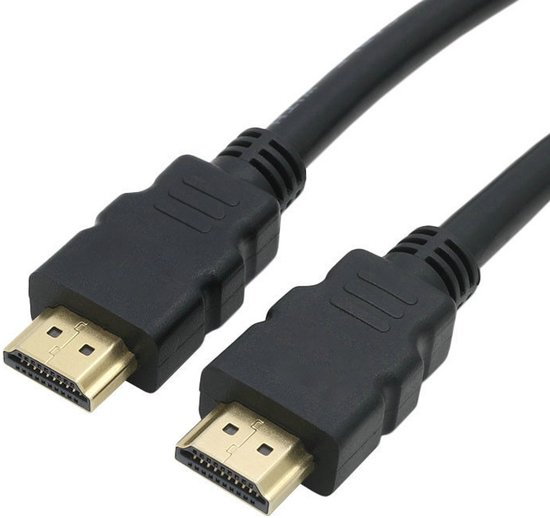 Zwarte HDMI-kabel met twee gouden connectoren.