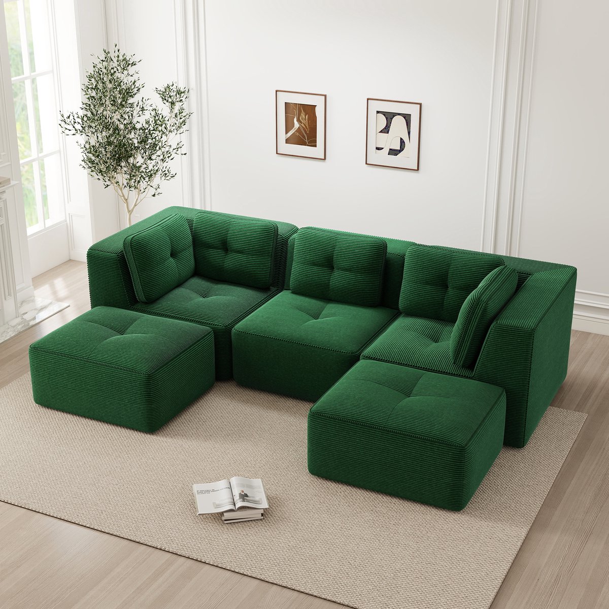 FloraGrace Hoekbank 297 x 177 cm - Modulaire 3-Zits Met Ottomane En Diepe Zitting - Zonder Montage Voor Woonkamer - Corduroy - Groen