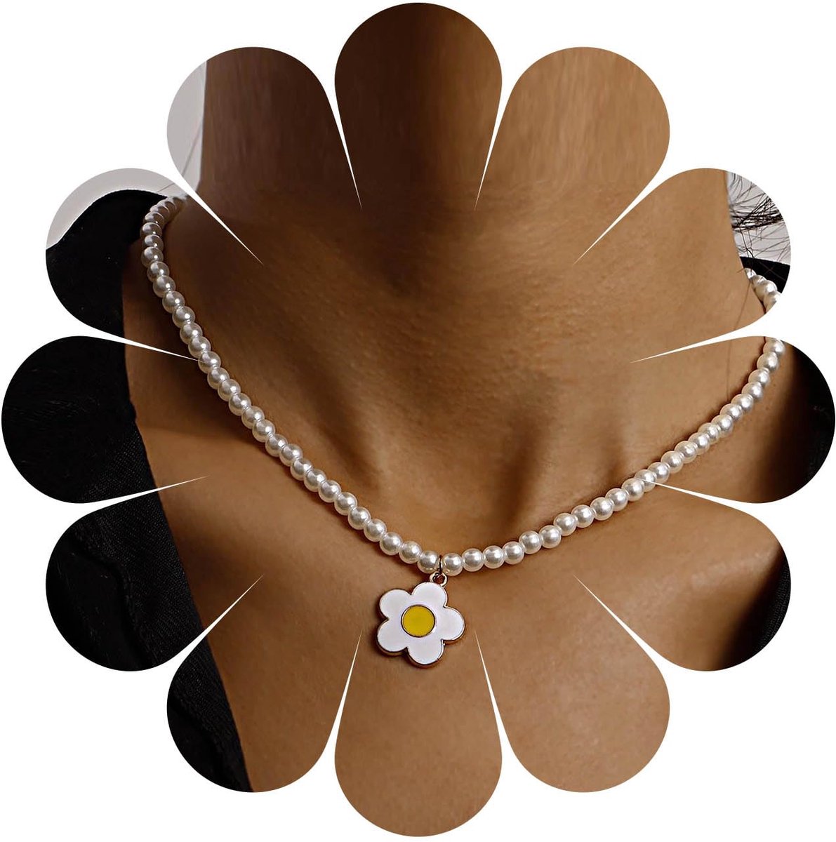 Parel Bloem Ketting Choker Emaille Bloem Hanger Kettingen Wit Imitatie Parel Bruiloftsdraad Kettingen Sieraden Voor Vrouwen, Zink, Geen edelsteen