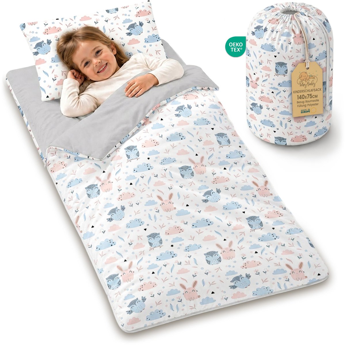 Slaapzak kinderen met kussen en ritssluiting voor baby 3-7 jaar - 75x140 cm kinderslaapzak binnen voor kinderdagverblijf kleuterschool dekenslaapzak Oeko-Tex 75 x 140 Uilen
