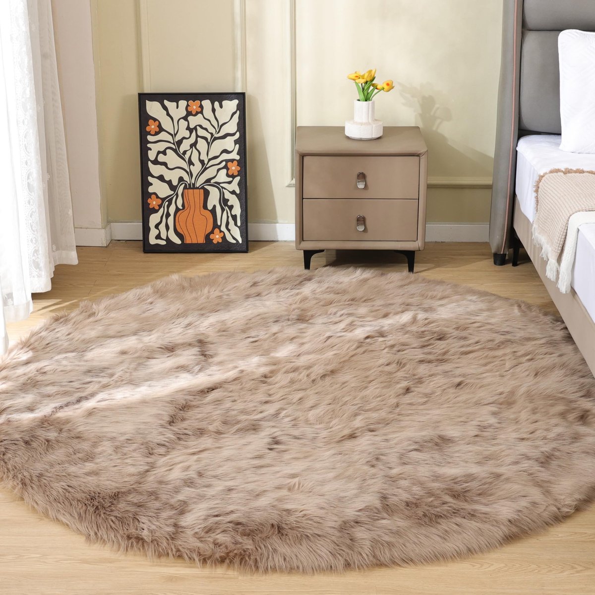 Tapijt rond 180 cm beige Zacht Shaggy Fluffy Vloerkleed Tapijt voor Woonkamer