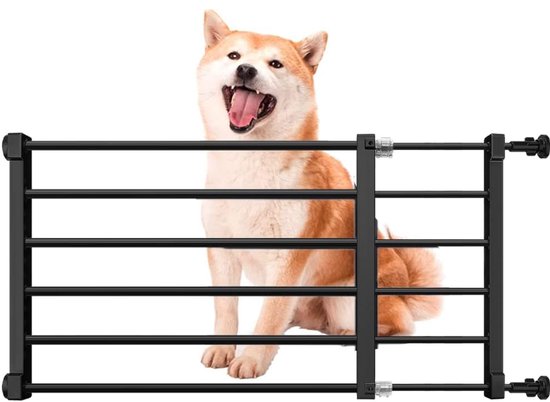 Zwart hondenhek met een lachende Shiba Inu.