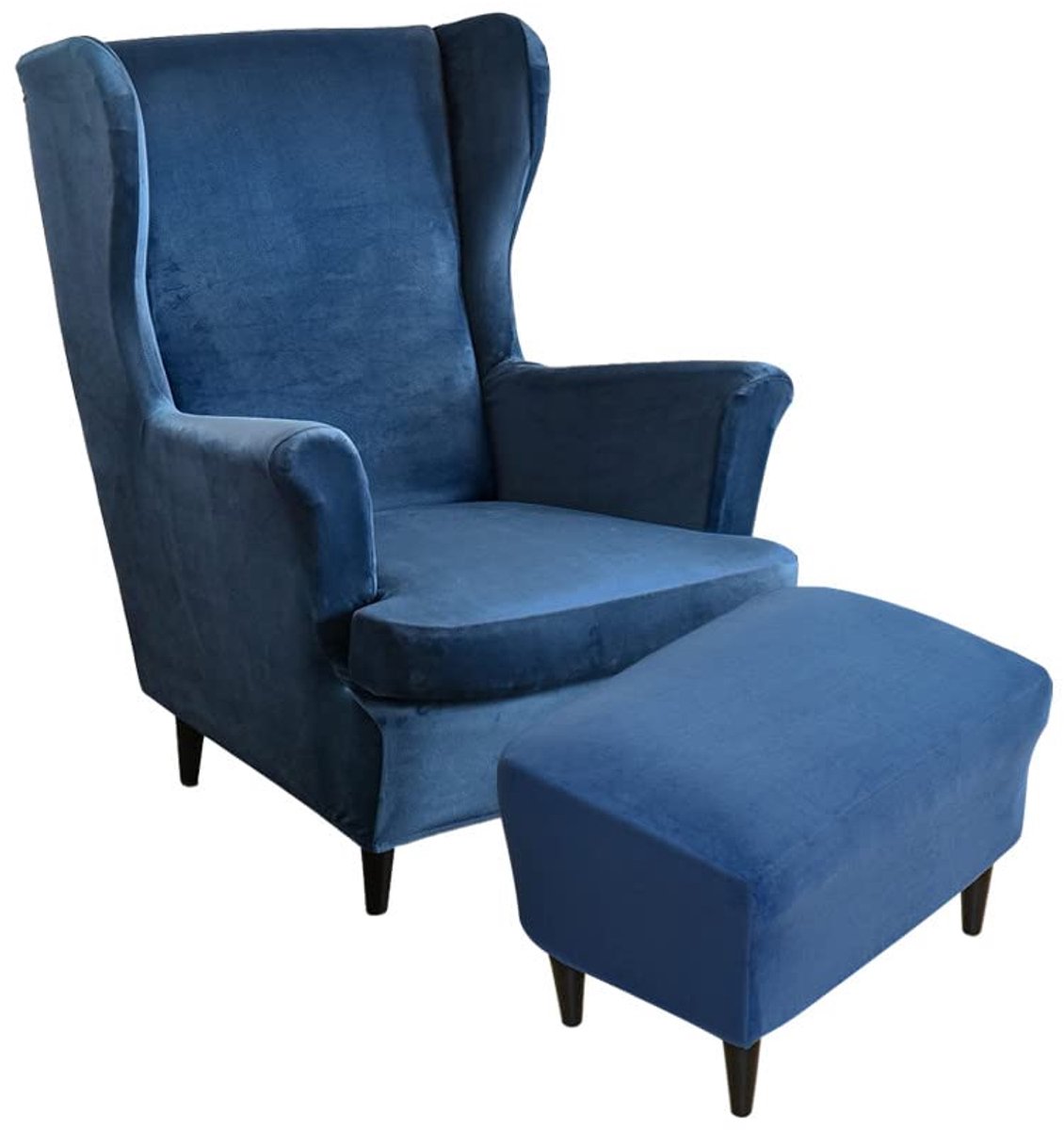 Velvet Wingback Stoelhoezen 2-Delig Met Ottomaanse Hoes, Stretch Wing Chair Hoes, Wasbare Spandex Stoffen Bankhoes Meubelbeschermer Voor Fauteuils Slaapkamer Hotel (donkerblauw)