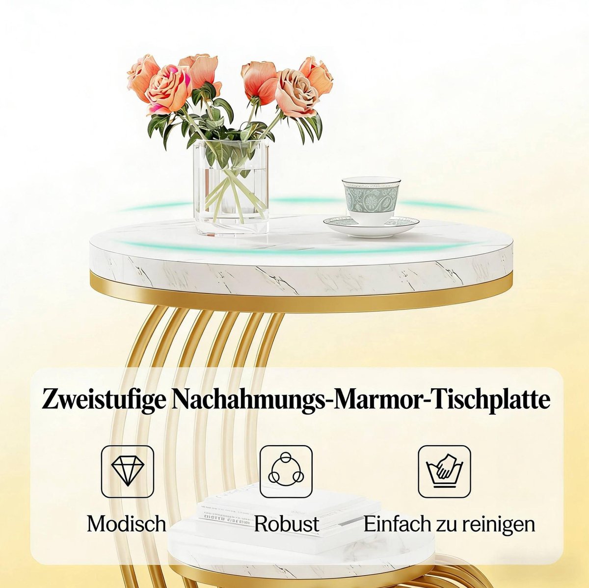MIVRAY Bijzettafel - Ronde 2-Laagse Tafel Met Marmerlook En Opbergruimte - Voor Woonkamer Slaapkamer Of Hal - Metaal Wit Goud - 50x50x63 Cm