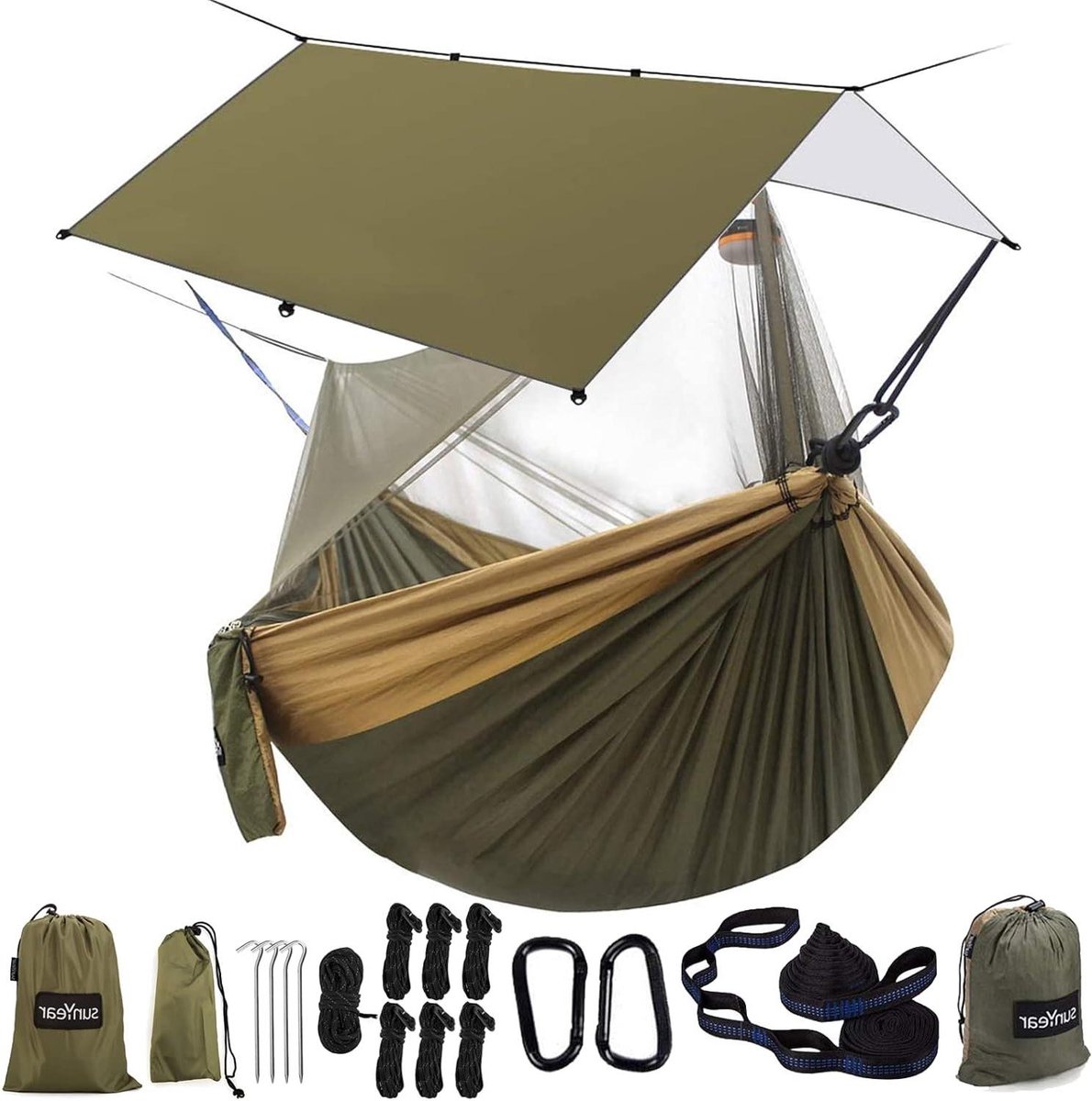 Hangmat met net - Kampeerhangmat dubbel - Buiten ontspannen - Inclusief regenhoes - Tot 227 kg - Groen