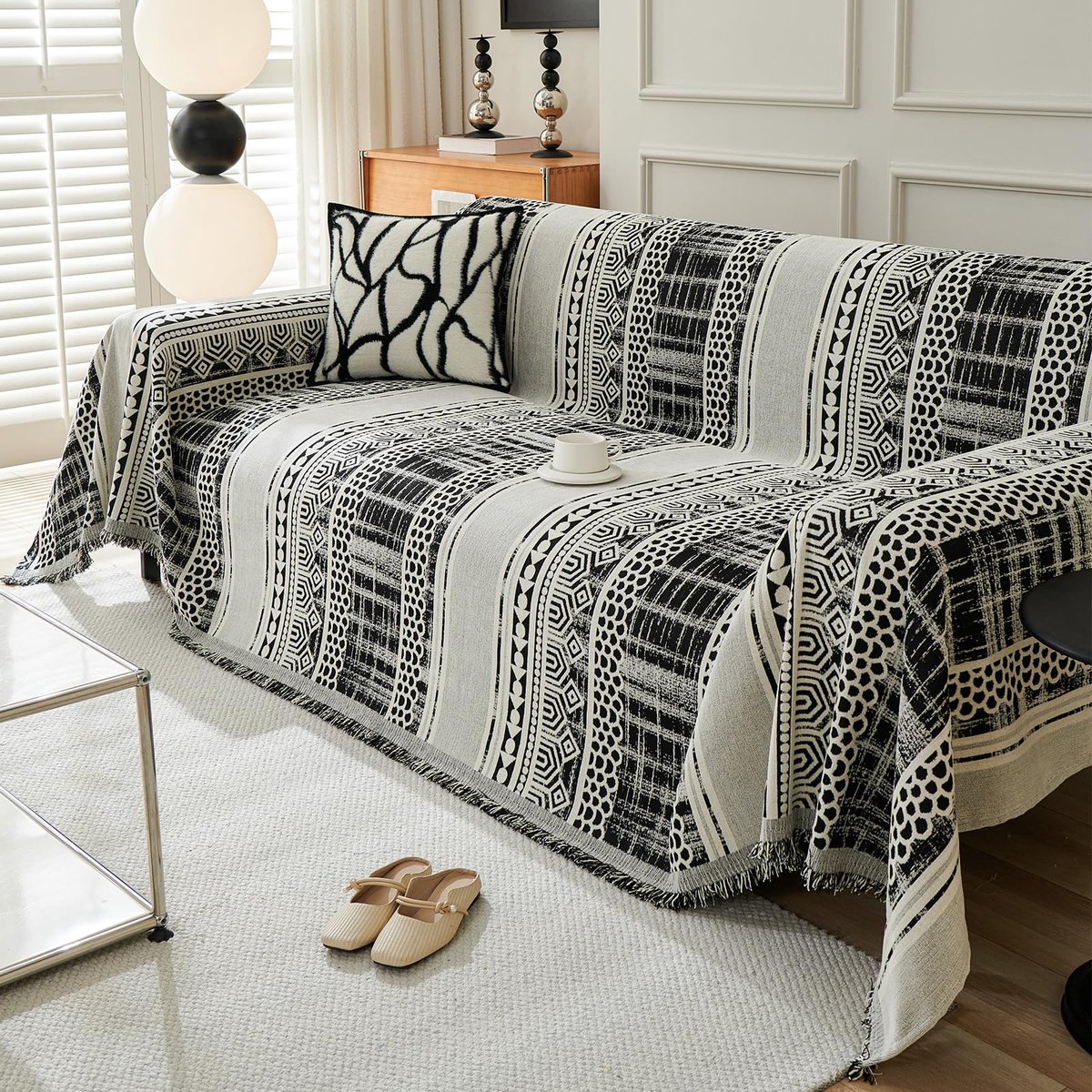 1 2 3 4 Zits Gooien voor Banken Grote Gooien voor Settees, Boho Gooi Omkeerbaar Geweven Dekengooi, Decoratieve Zachte Bankdeken 180 * 340cm - Zwart