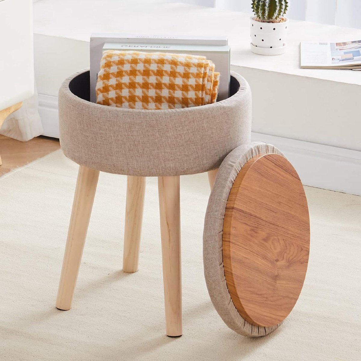 Opbergkruk Linnen - Voetenbankje Rond - Woonkamer Decoratie - Met Dienblad Deksel - 33 x 43 cm - Kaki