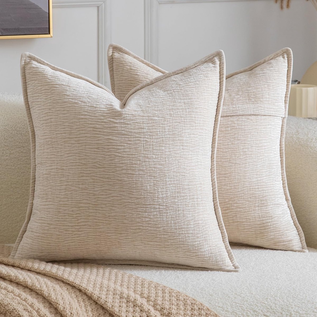 Set van 2 sierkussenhoezen van zachte chenille, effen textuur, geschikt voor bank, sofa, slaapkamer en woonkamerr 40x40 cm Beige