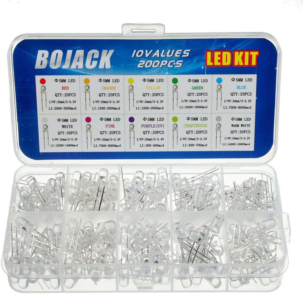 10 Kleuren 200 Stuks 5mm LED Diode Lampjes Assortiment Kit (Transparant DC 2V - 3.2V 20mA) Helderlicht Lampjes Elektronische Componenten voor DIY Projecten