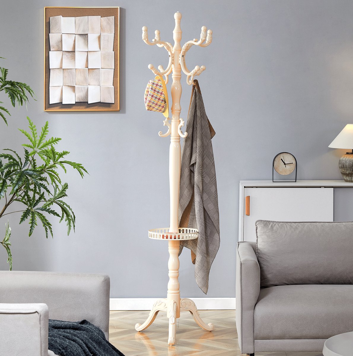 Kledingrek Met Meerdere Haken En Opbergtray 50 X 48 X 195 Cm Massief Hout Wit Voor Hal En Slaapkamer Met Antislip Voetjes