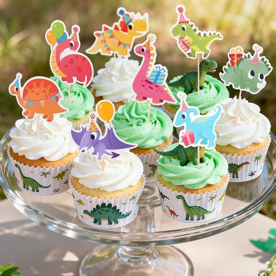 32 Stuks Dinosaurus Cupcake Toppers, Schattige Dinosaurus Cupcake Prikkers met Verschillende Stijlen Dino Taartdecoraties voor Kinderfeestjes Babyshowers en Andere Benodigdheden — afbeelding 5