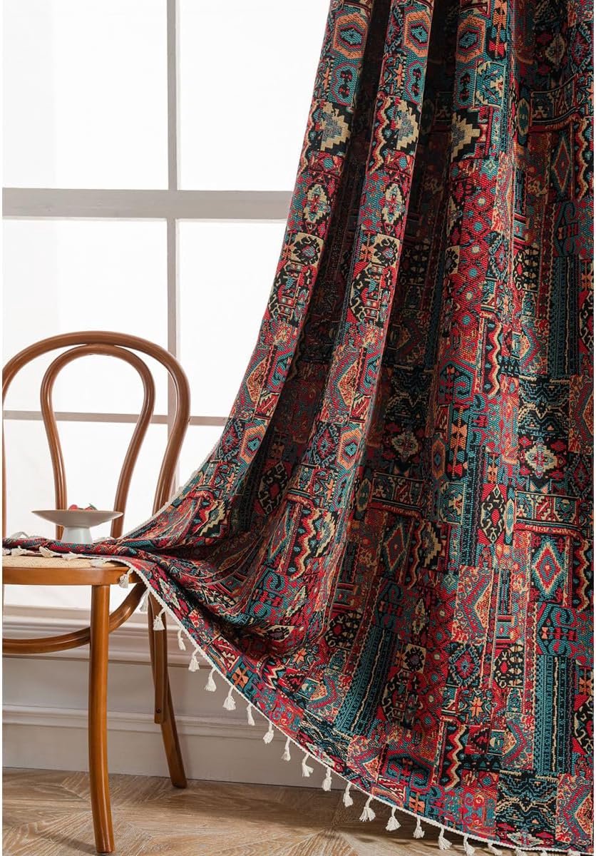 vintage gordijnen, geometrisch, verduisterend, rood, linnenlook, boho, jacquard, katoenen gordijnen met kwastjes, tunnelband voor woonkamer, slaapkamer, 1 stuk, B150×H240cm