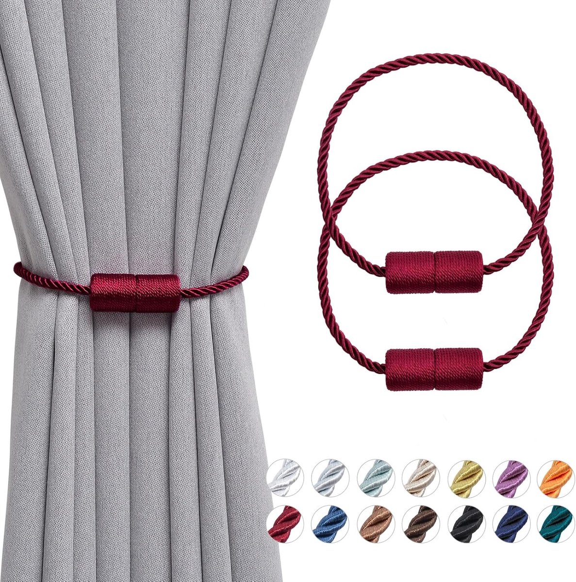 Jolly 2 Pack Magnetische Gordijn Tiebacks 16 Inch Handgemaakte Weave Touw Gordijn Holdbacks Handige Decoratieve Gordijn Drape Tie Ruggen voor Thuis & Kantoor Venster Drapery (Wijn Rood)