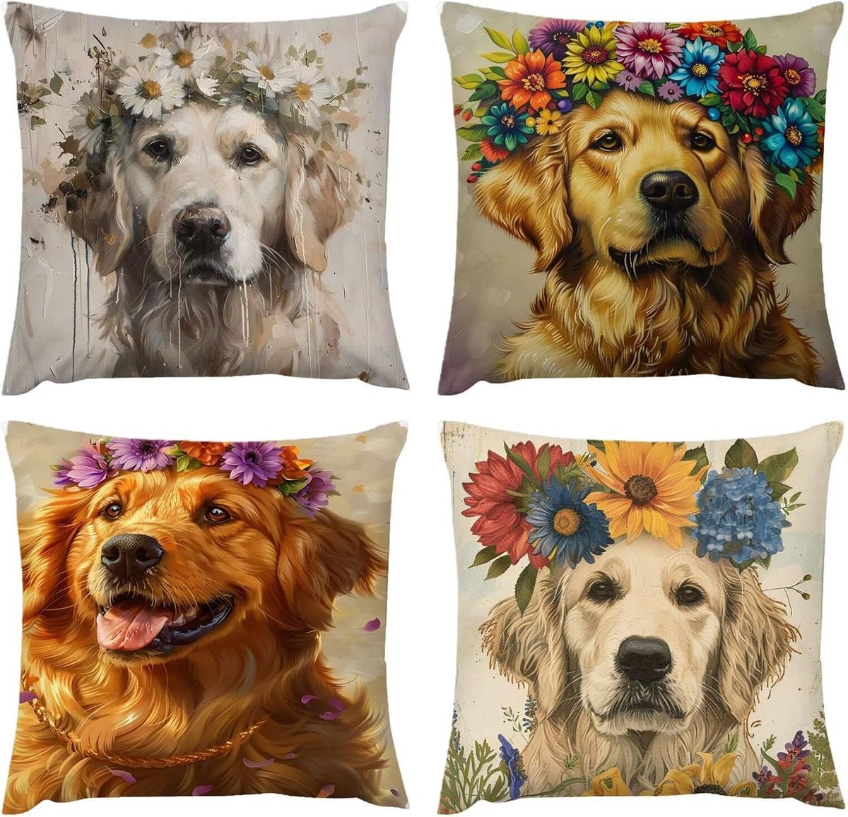 kussen, 50 x 50 cm, kussensloop, outdoor, waterdicht, leuke hond, bloemenkussen, 50 x 50 cm, set van 4, verborgen rits, bankkussen, sierkussen, kussenslopen, decoratief, tuin, bank, woonkamer