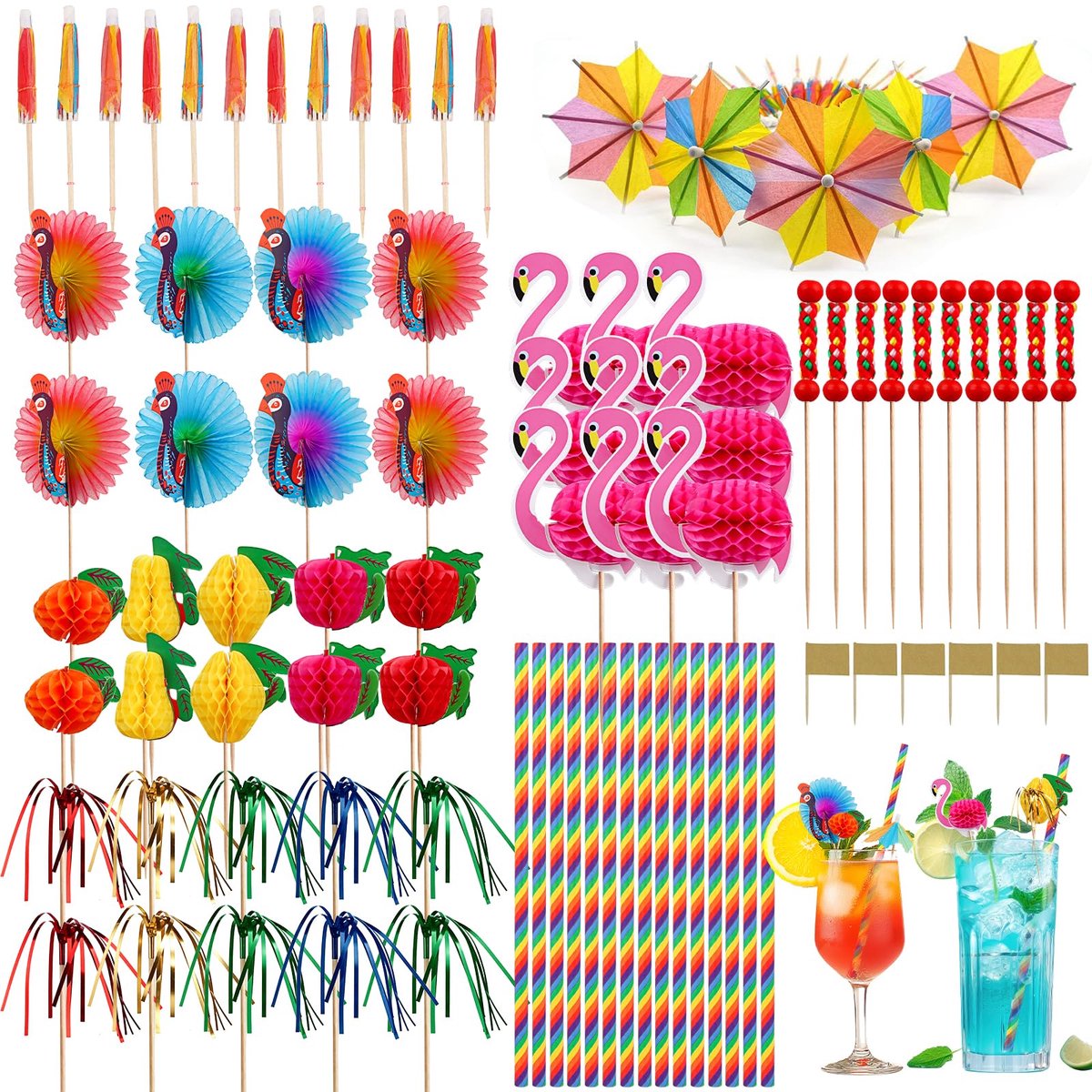 Cocktailparasols, kleurrijke cocktailaccessoires voor decoratie, met papieren parasols, regenboogcocktailrietjes, cocktailparasols, voor zomerfeest, bar, drankjes