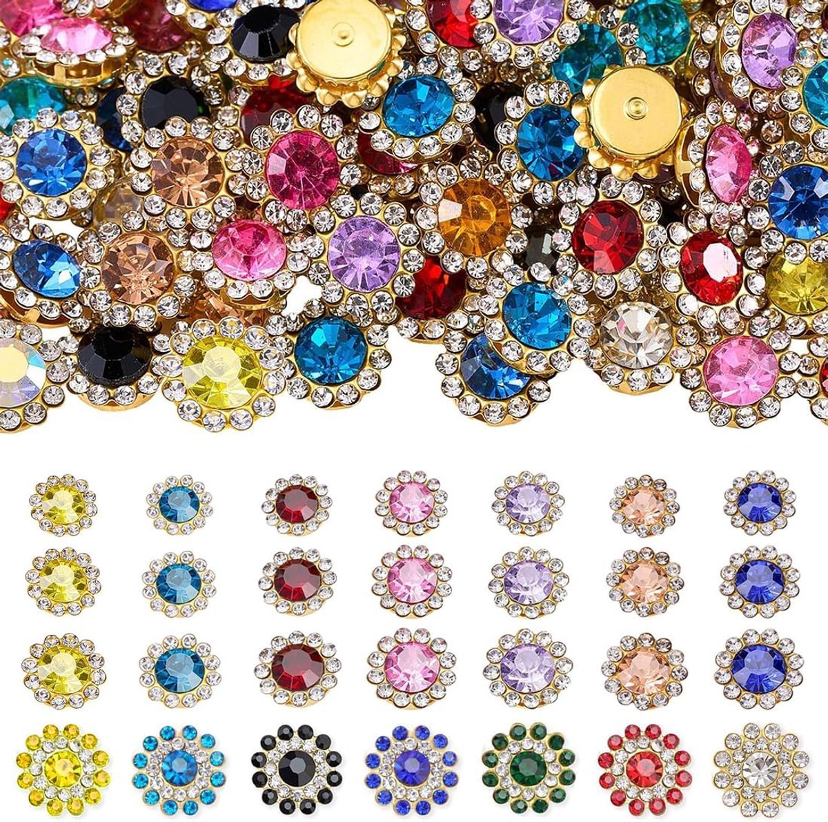 300 stuks strass-steentjes om op te naaien in 4 maten, meerkleurige glitterstenen om op te naaien, bloemen strass-steentjes voor textiel met metalen basis, decoratieve kleding DIY voor schoenen