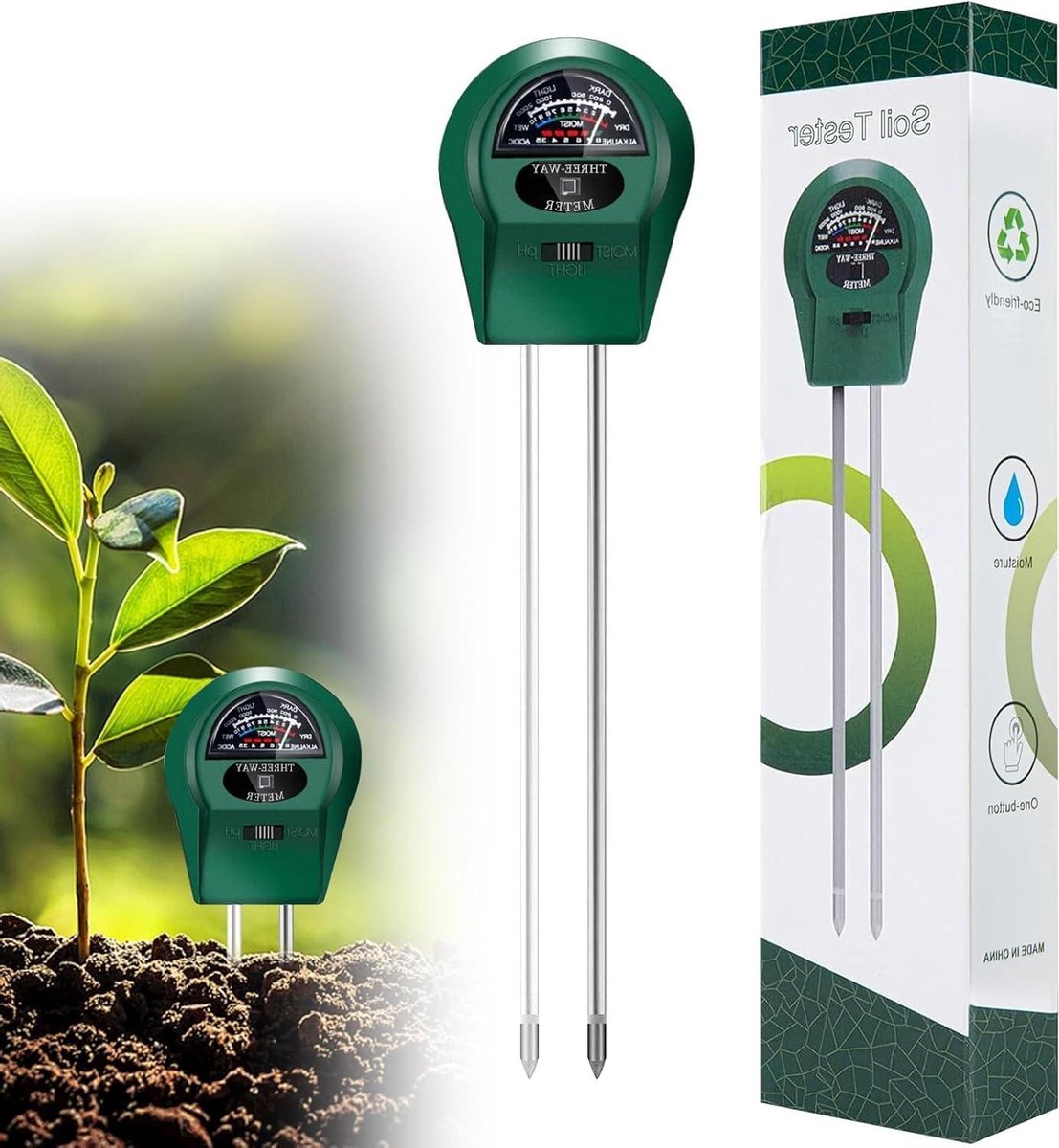 Bodemtester - Vochtigheidsmeter pH - Plantenverzorging - 3-in-1 functie - 26.5 cm - Groen