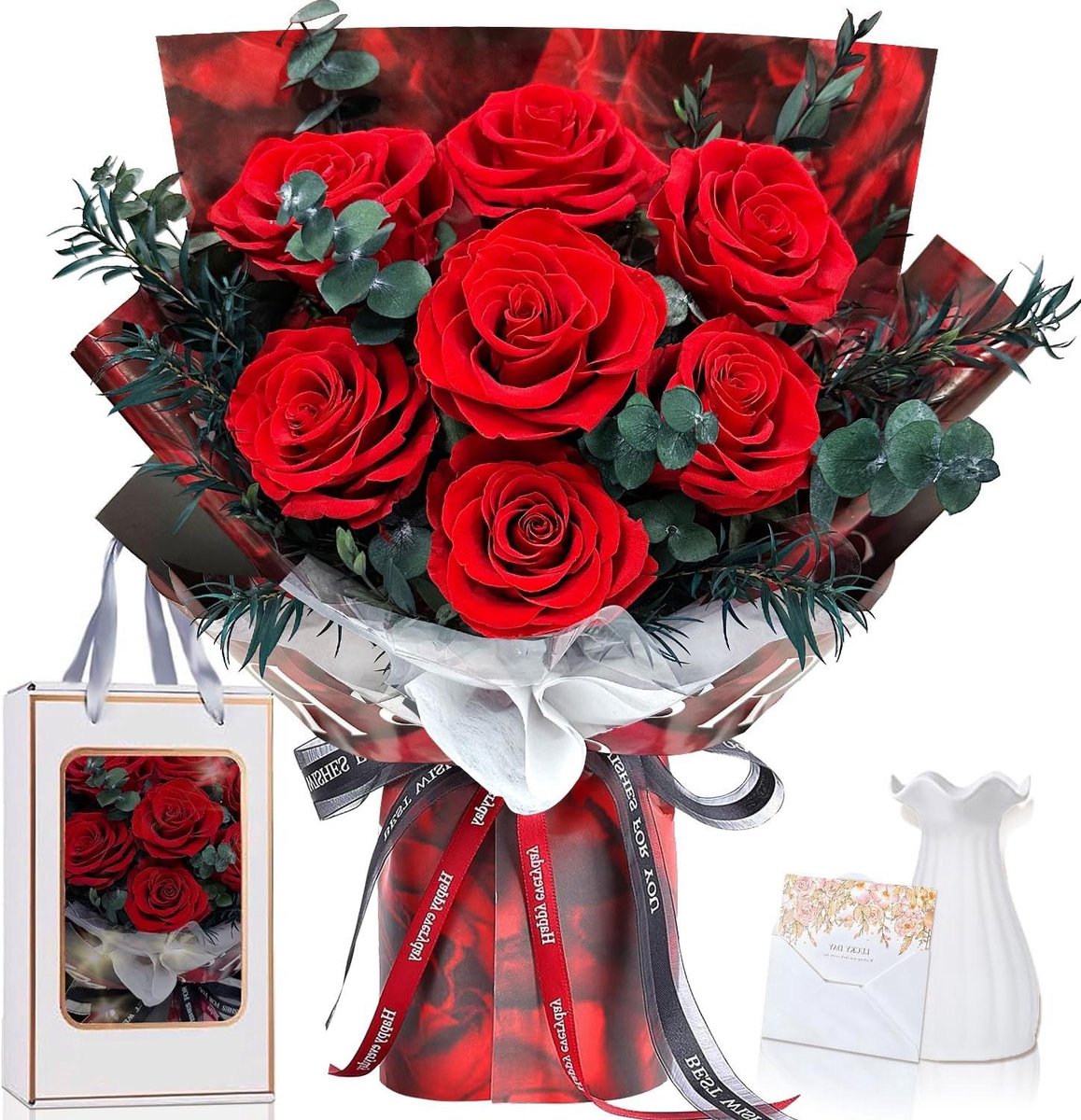 Eeuwige Rozen Boeket - Bewaarde Rozen Oneindige Rozen - Romantisch Cadeau - Inclusief Vaas - 7 Rozen - Rood