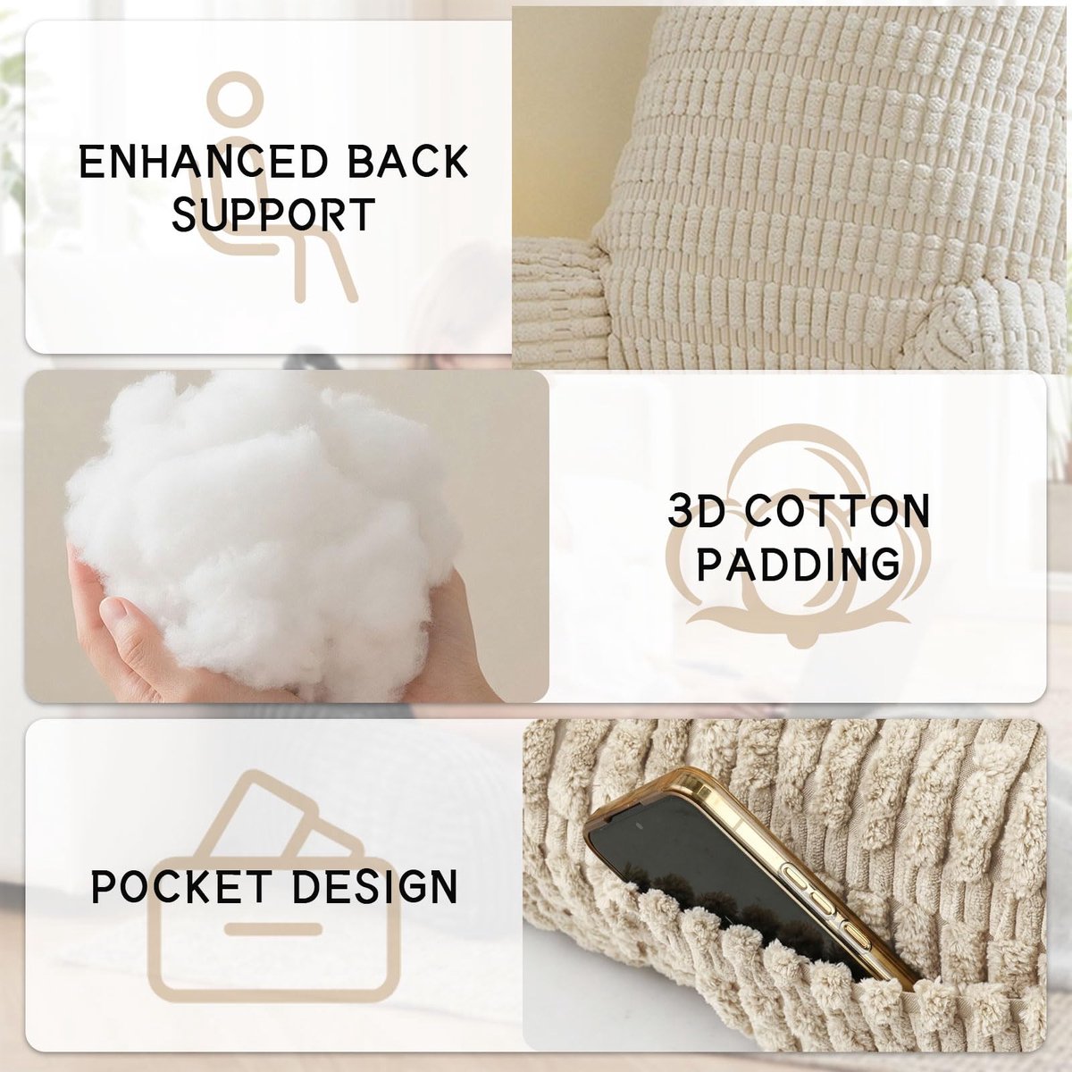 leeskussen, rugkussen voor bed en bank, rugkussen voor volwassenen, ergonomisch steunkussen voor zitten, lezen en tv kijken (Beige)