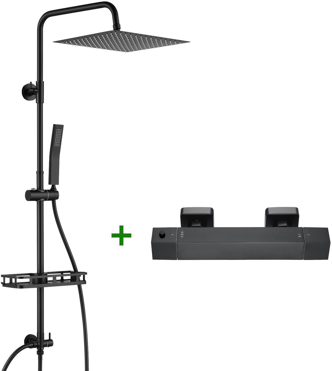 Auralum Max Regendouche met Thermostaatkraan - 12 inch XL Douchekop - Inclusief Plankje - Doucheset Zwart - Regendouche en Handdouche - Verstelbare Hoogte 72-110 cm - Waterbesparend - Zwart