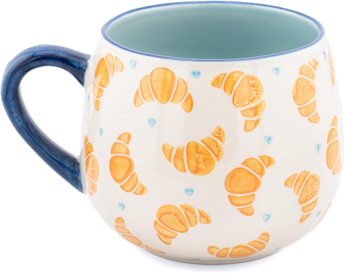 Croissant Mok - Koffiemok Gebakken - Ontbijt Genieten - Gouden Print - 13 x 13 x 85 cm - Wit