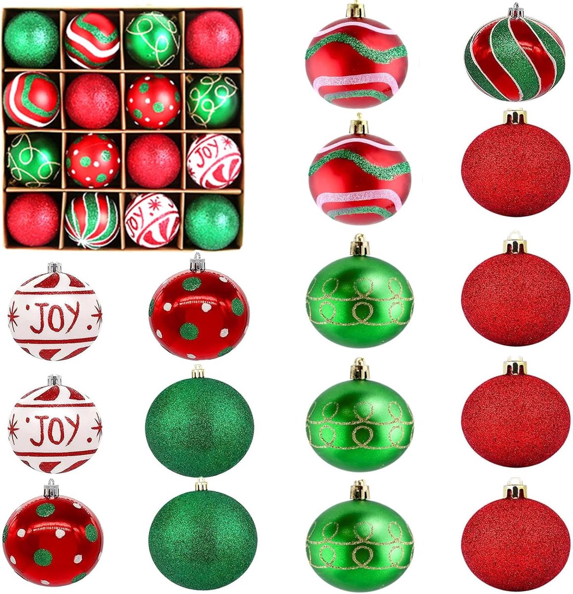 Kerstballen, glitterornament, kerstballen, rode en groene kerstballen, onbreekbare hangende ballen, hangende ballen, kerstdecoratie (6 cm)